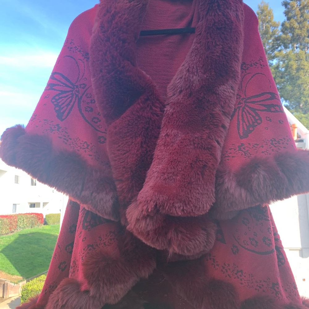 Plush Burgundy Shawl with Butterfly Design